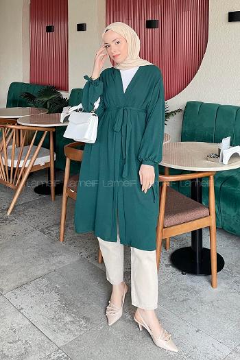 Lamelif Kol Bağcık Detaylı Kimono Zümrüt
