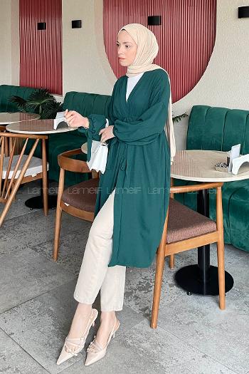 Lamelif Kol Bağcık Detaylı Kimono Zümrüt