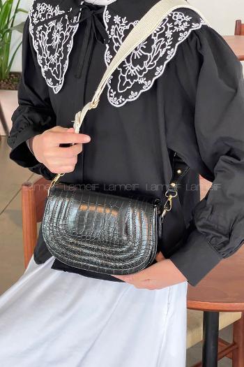 Lamelif Çapraz Askılı Kapaklı Kroko Çanta Siyah