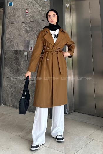 Lamelif Kol Katlamalı Trençkot Camel
