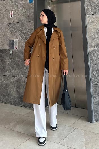 Lamelif Kol Katlamalı Trençkot Camel