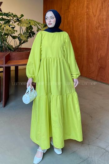 Lamelif Balon Kol Katlı Tesettür Elbise Yağ Yeşili