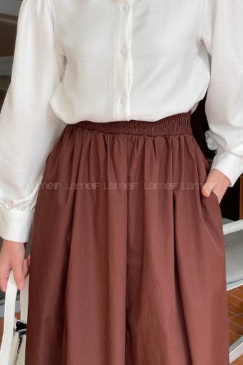 Lamelif Cep Detaylı Kloş Keten Etek Acı Kahve