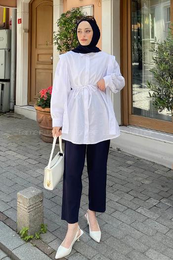 Lamelif Bel Bağlamalı Omuz Vatkalı Gömlek Beyaz