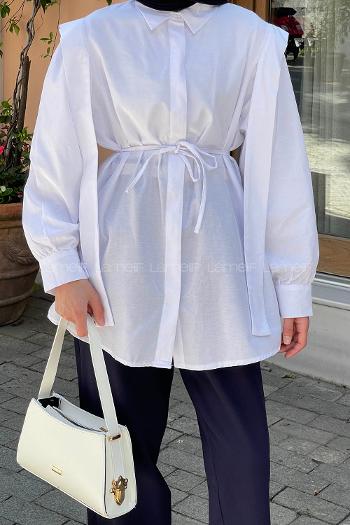 Lamelif Bel Bağlamalı Omuz Vatkalı Gömlek Beyaz