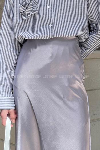 Lamelif Düz Saten Çan Etek  Gri