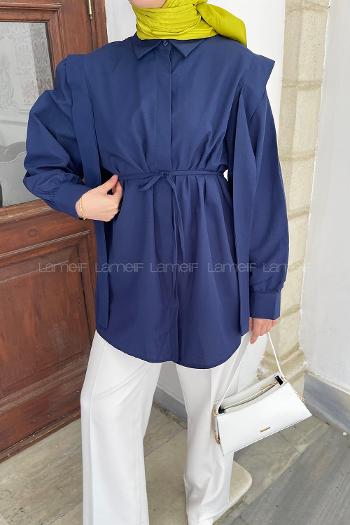 Lamelif Bel Bağlamalı Omuz Vatkalı Gömlek Lacivert