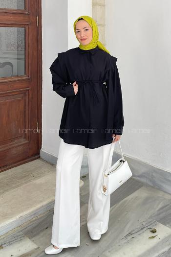Lamelif Bel Bağlamalı Omuz Vatkalı Gömlek Siyah
