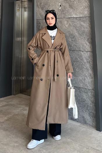 Khaki Long Arm Belted Cotton Trench Coat