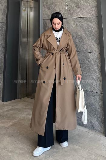 Khaki Long Arm Belted Cotton Trench Coat