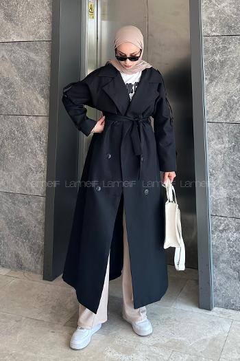 Black Long Arm Belted Cotton Trench Coat