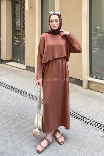 Lamelif Kristal Etekli Tesettür Takım Kahve