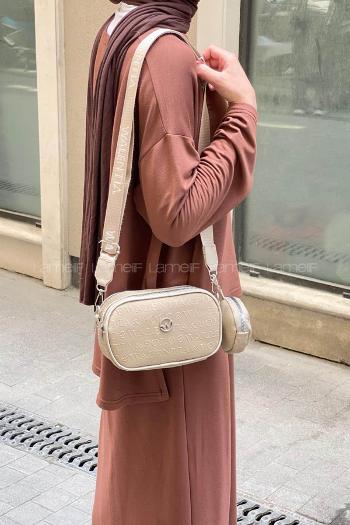 Lamelif Cuci Dokulu İki Bölmeli Çapraz Kadın Çanta  Krem