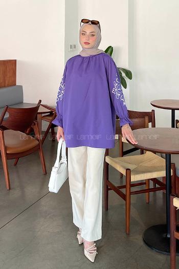 Purble Mandarin Collar Cotton Printed Tunic