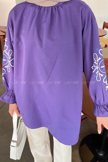 Purble Mandarin Collar Cotton Printed Tunic