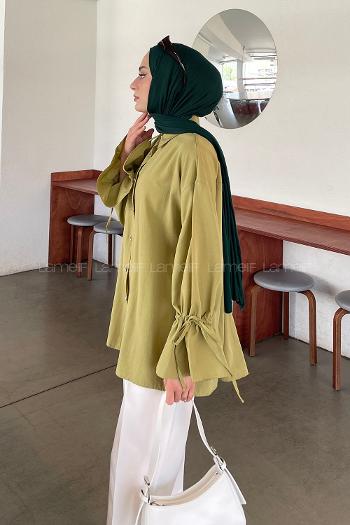 Lamelif Kol Tünel İp Detaylı Gömlek Yağ Yeşili