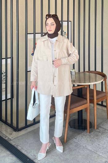 Lamelif Kapaklı İki Cepli Tahta Düğmeli Gömlek Vizonrengi