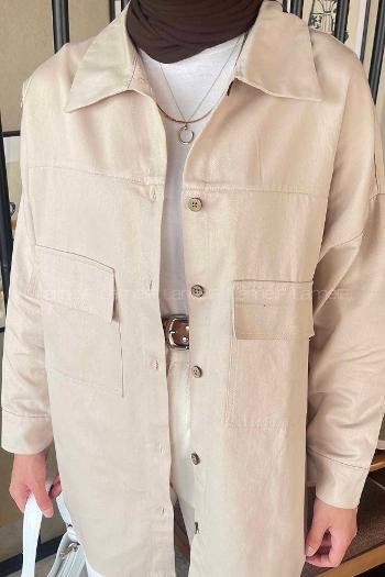 Lamelif Kapaklı İki Cepli Tahta Düğmeli Gömlek Vizonrengi