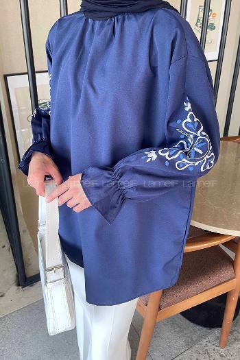 Navy Blue Mandarin Collar Cotton Printed Tunic