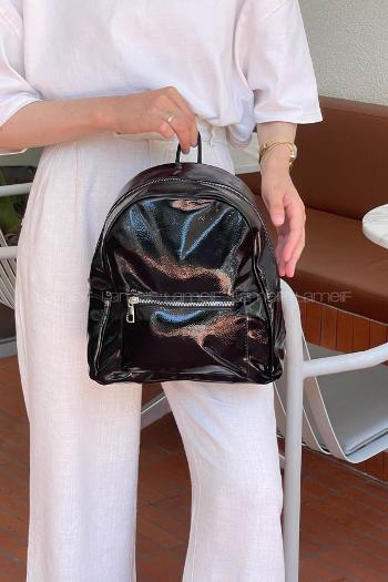 Lamelif İki Gözlü Deri Görünümlü Sırt Çantası Parlak Siyah