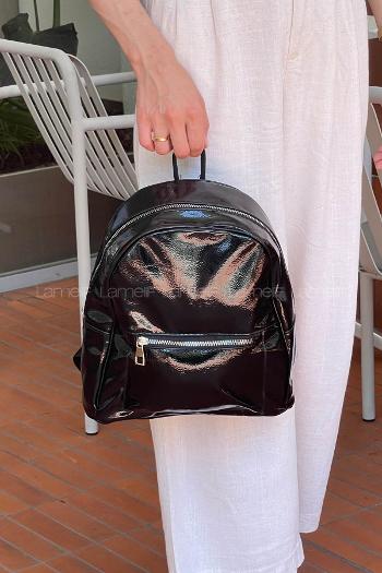Lamelif İki Gözlü Deri Görünümlü Sırt Çantası Parlak Siyah