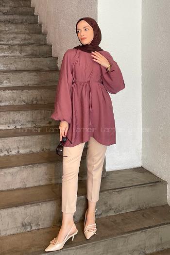 Lamelif Kuşak Bağlamalı Tunik Gül Rengi