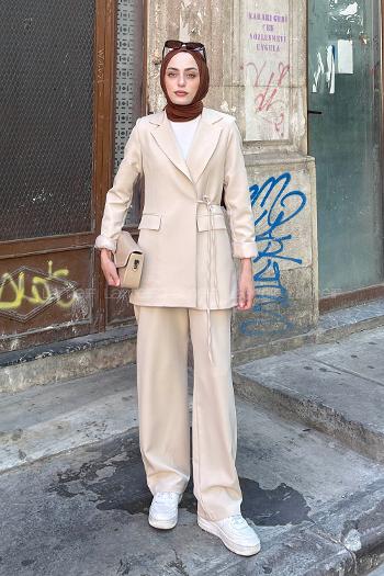 Lamelif Bağlama Detaylı Ceket Takım Taş Rengi