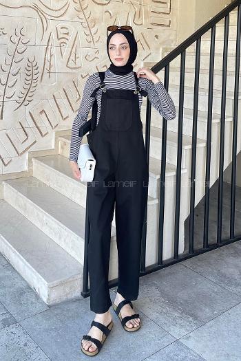 Black Normal Neck Linen Unprinted Overalls