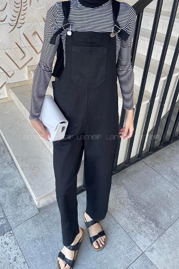 Black Normal Neck Linen Unprinted Overalls