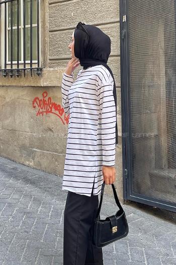 Lamelif Çizgili Uzun Kol Tunik Beyaz-Siyah