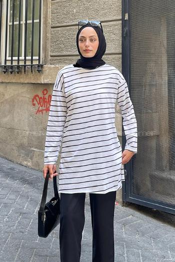 Lamelif Çizgili Uzun Kol Tunik Beyaz-Siyah