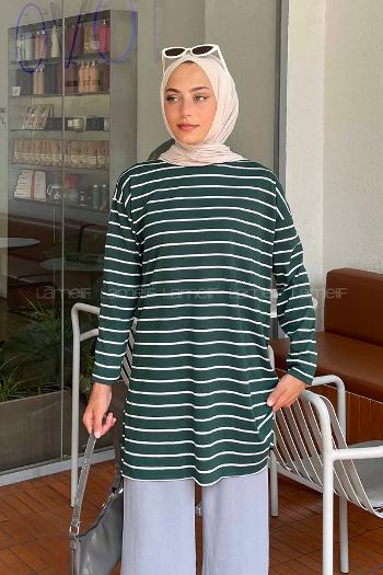 Lamelif Çizgili Uzun Kol Tunik Zümrüt Yeşili