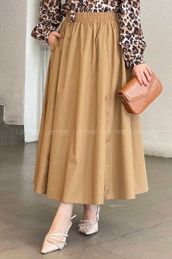 Lamelif Cep Detaylı Kloş Etek Camel
