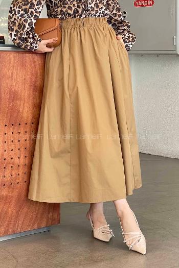Lamelif Cep Detaylı Kloş Etek Camel
