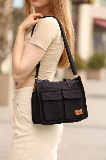 Lamelif Cepli Mini Kanvas Kadın Çapraz Çanta Siyah