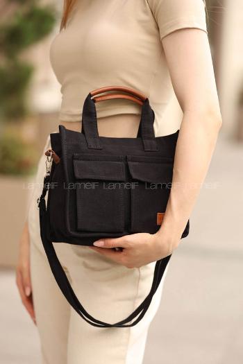 Lamelif Cepli Mini Kanvas Kadın Çapraz Çanta Siyah