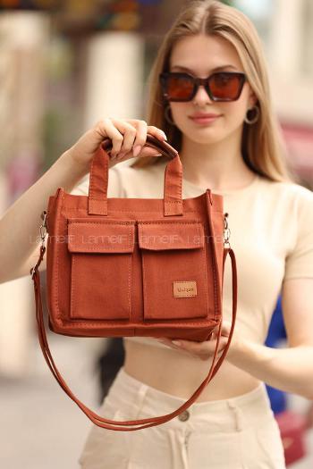 Lamelif Cepli Mini Kanvas Kadın Çapraz Çanta Taba