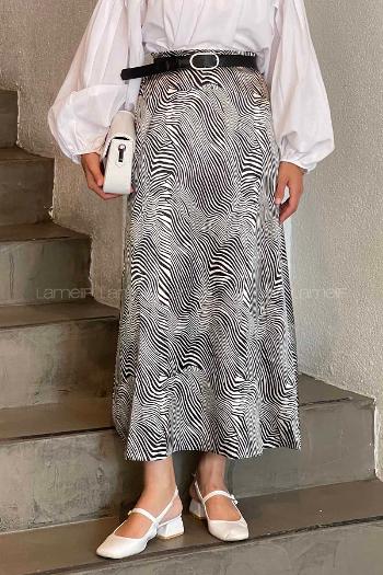 Lamelif Saten Pamuklu Zebra Detaylı Etek Siyah-Krem