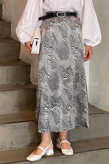 Lamelif Saten Pamuklu Zebra Detaylı Etek Siyah-Krem