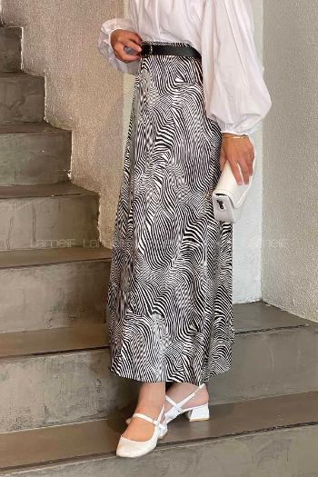 Lamelif Saten Pamuklu Zebra Detaylı Etek Siyah-Krem