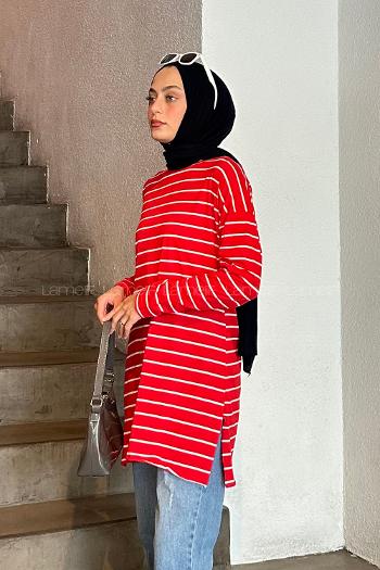 Lamelif Çizgili Uzun Kol Tunik Nar Çiçeği