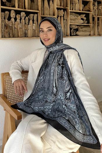 Lamelif Retro Desen Pamuk Şal Gri Mavi