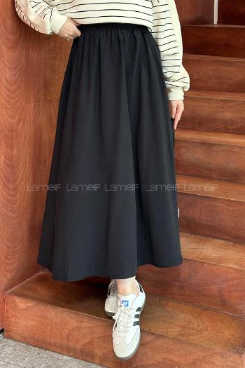 Lamelif Cep Detaylı Keten Etek Siyah