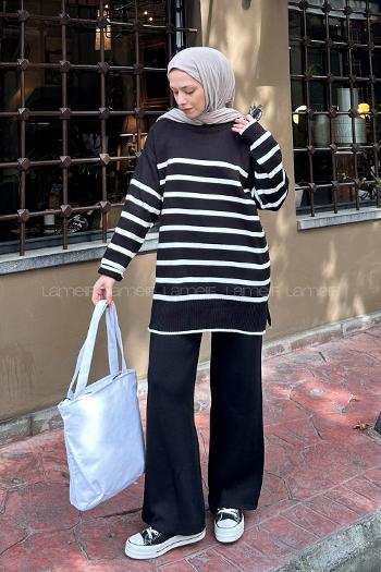 Black Mock Turtle Neck Long Arm Buttoned Regular Trousers Suit