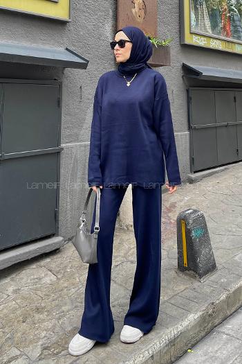 Navy Blue Crew Neck Long Arm Without Accessories Knitwear Regular Trousers Comfortable Suit