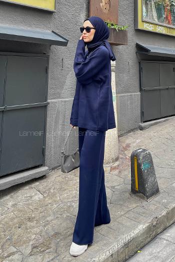 Navy Blue Crew Neck Long Arm Without Accessories Knitwear Regular Trousers Comfortable Suit