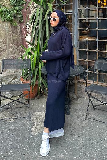 Navy Blue Medium Crew Neck Long Arm Knitwear Comfortable Suit