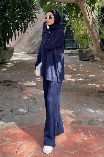 Lamelif Fermuar Detaylı Pantolon Tesettür Takım Lacivert