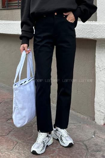 Lamelif Kesik Paça Fit Jean Siyah