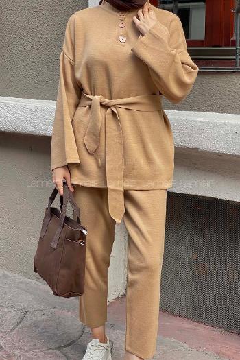Brown With Milk Mandarin Collar Long Arm Without Accessories Knitwear Regular Trousers Comfortable Suit